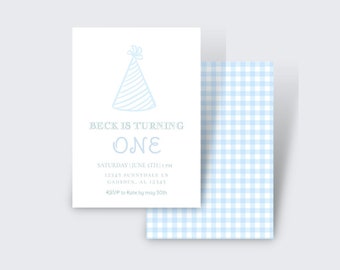 Classic Blue Gingham Boy Birthday Invitation | Digital Download | Editable Template | Gingham, Watercolor Classic Invite | First Birthday