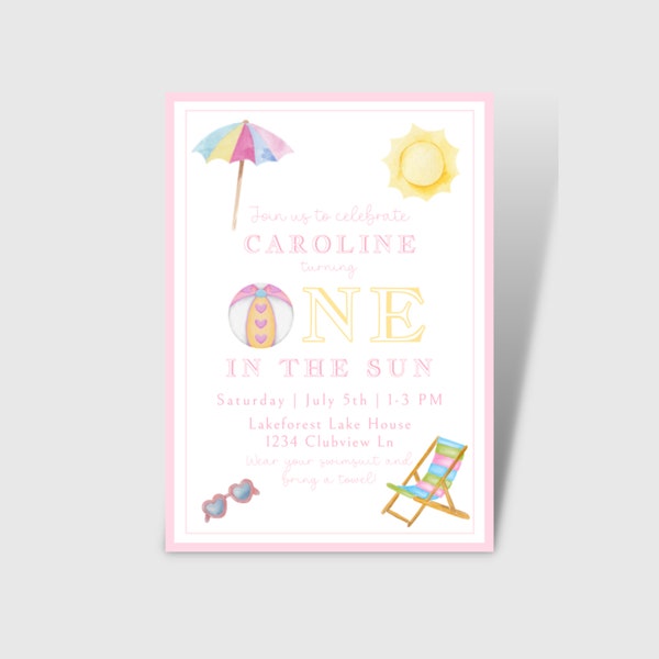 Fun in the Sun Birthday Invitation | Watercolor ONE in the Sun | Summer Fun, Summer Birthday Invite | 1st Birthday | Download, Edit, Print