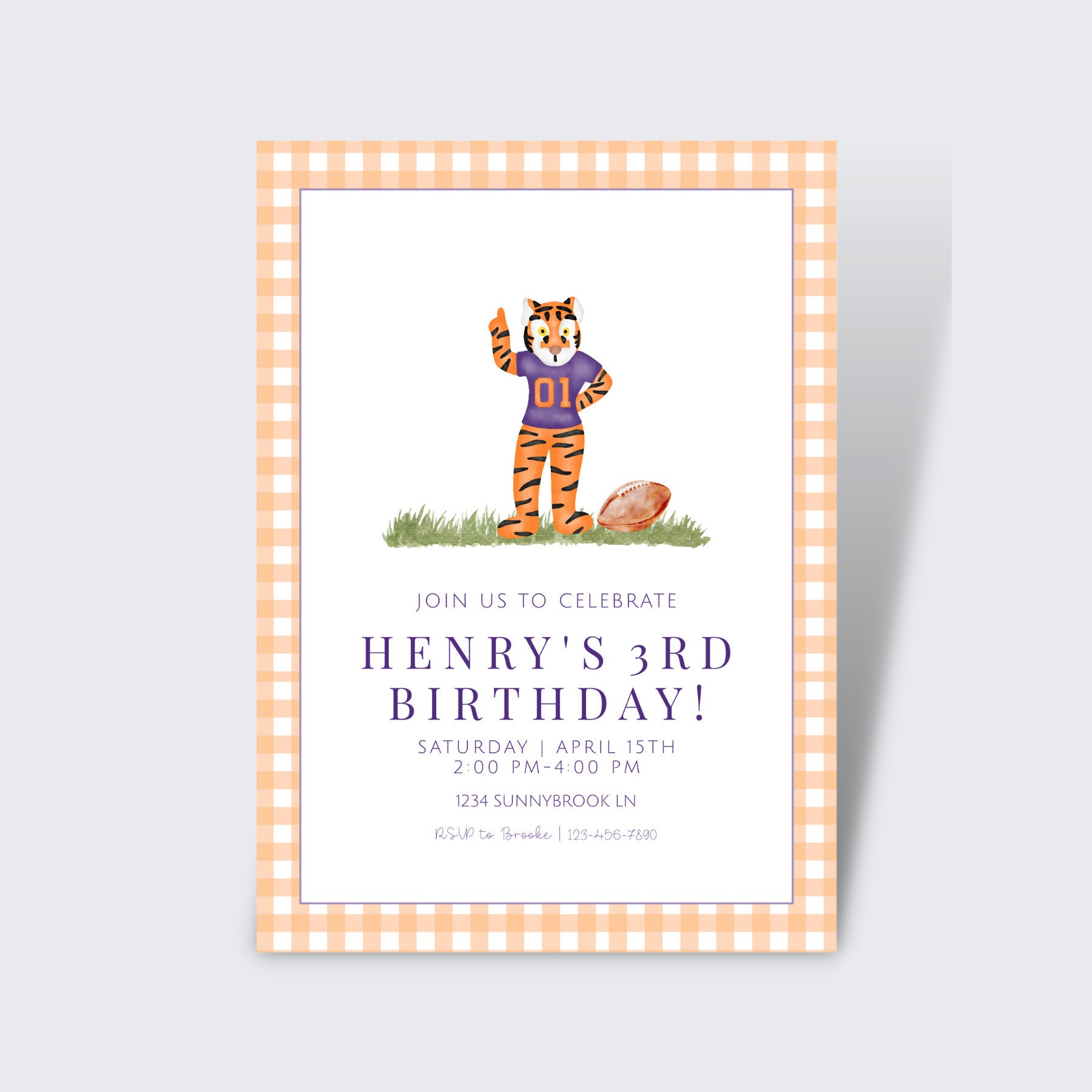 Purple and Orange Inspired Football Birthday | Boy Birthday Invite | Sports Birthday Invite | Clemson Tiger | Football, Orange, Gingham