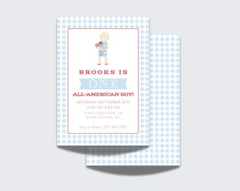 All American Boy Invite | 4th of July, Labor day boy birthday invite | Red, white blue boy birthday | Summer, american, gingham, watercolor