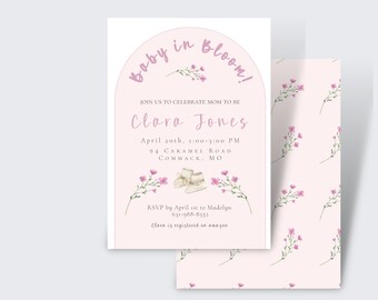 Invito per baby shower primaverile / Baby shower rosa e floreale / Semplice, minimale, fiori, rosa / Invito per baby shower per bambina