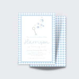 Invitación de cumpleaños de burbujas, Pop on Over, fiesta de cumpleaños clásica de burbujas soplando / acuarela, descargar editar e imprimir, cumpleaños de NIÑO azul