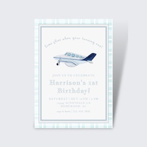 Watercolor Airplane Birthday Invitation | Printable | Vintage Airplane Birthday Invitation | Plane Party for Boy | Gingham | First Birthday