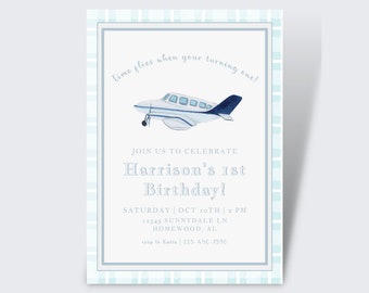 Watercolor Airplane Birthday Invitation | Printable | Vintage Airplane Birthday Invitation | Plane Party for Boy | Gingham | First Birthday