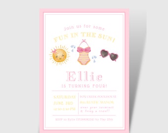 Pool Party Pink Birthday Invite | Pool Summer Birthday Invite | Summer Fun, Summer Birthday Invite | Watercolor | Download, Edit, Print