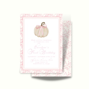 Classic Watercolor Pink Pumpkin Birthday Invite with Bow | Watercolor Pink Pumpkin | Our Little Pumpkin Birthday Invite | Edit and Print