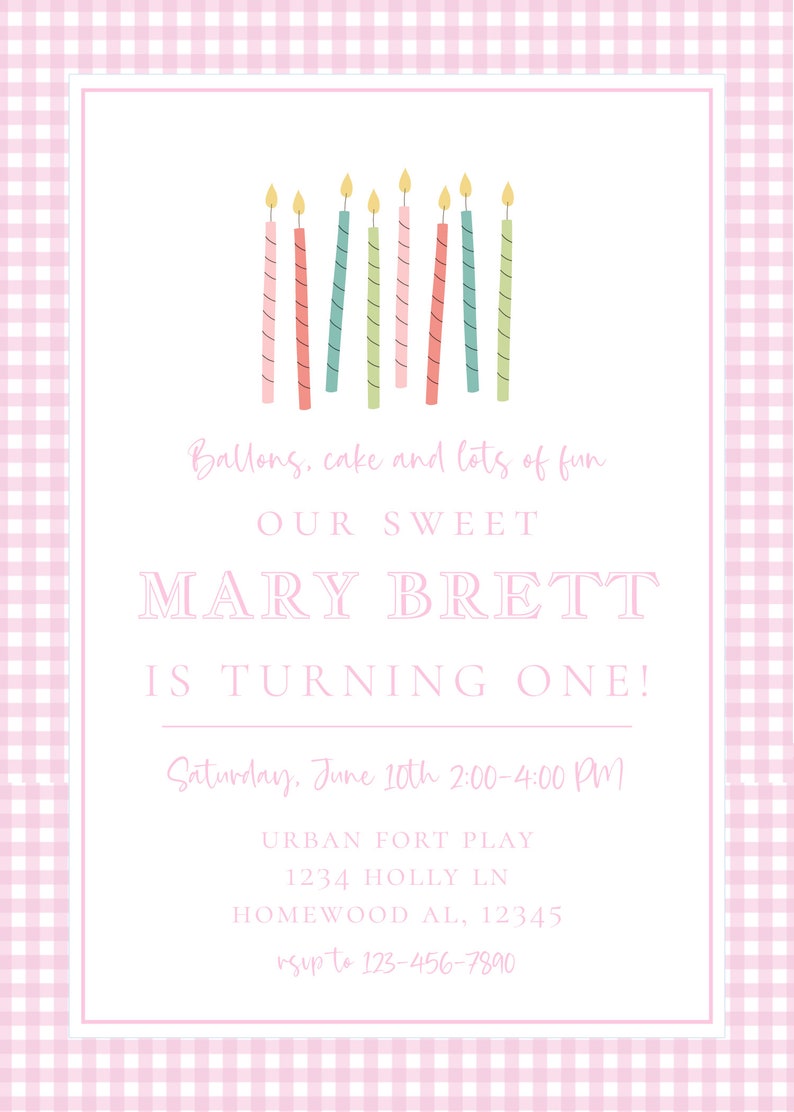 Classic PINK Gingham Girl Birthday Invitation Pink and White Party ...