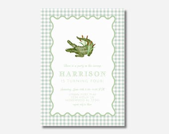 May include: A light green and white gingham patterned invitation with a scalloped border. The invitation features a watercolor illustration of a green alligator and text that reads "HARRISON IS TURNING FOUR!"