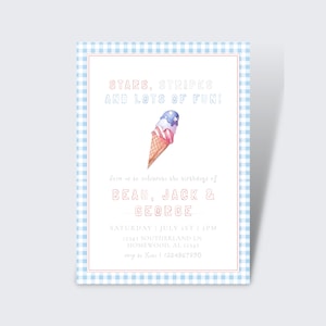 Stars Stripes Birthday Invite | Watercolor, Gingham | 4th of July Birthday | Light Blue