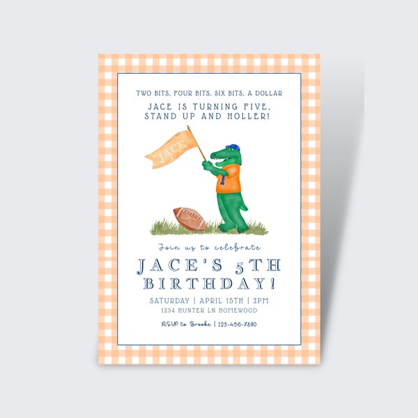 Florida Inspired Birthday Invite | Orange and Blue Football Watercolor Birthday Invite  | Albert, Green, Football, SEC | College Football