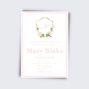 Invitación elegante de la cresta del primer cumpleaños / Invitación de cumpleaños de acuarela / Cumpleaños atemporal / Cumpleaños de niña / Invitación de cumpleaños de monograma / Editar impresión