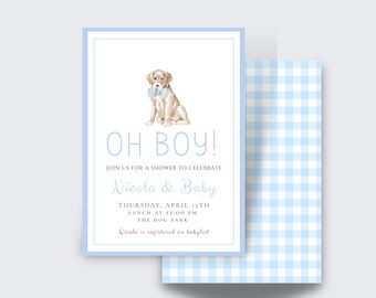 May include: A blue and white gingham pattern background with a white card on top. The card has a light brown puppy wearing a blue bow tie. The text on the card reads "OH BOY! JOIN US FOR A SHOWER TO CELEBRATE Nicola & Baby THURSDAY, APRIL 13TH LUNCH AT 12:00 PM THE DOG PARK Nicola is registered on babylist"