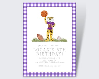 Purple and Gold Football Invite LSU Inspired  | Boy Birthday Invite | Sports Birthday Invite | Southern Invite | Purple, Yellow, Gingham