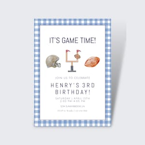 Navy Football Boy Birthday Invitation | Boy Sports Birthday, Football, Gingham, Helmet | Watercolor, Football Birthday Party
