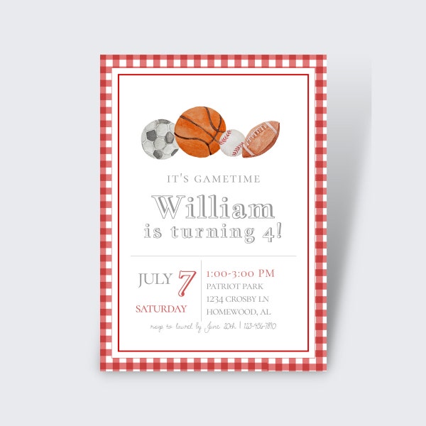 Red Sports Birthday Party Invite | Boy Birthday Invite | Instant Download | Editable Template | Red Gingham, Sports Invite