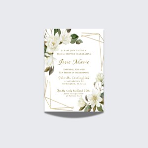 May include: A white and gold bridal shower invitation with a floral design featuring white magnolia flowers and green leaves. The invitation includes the text "PLEASE JOIN US FOR A BRIDAL SHOWER CELEBRATING Josie Marie" and details about the event, including the date, time, location, and RSVP information.