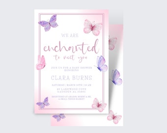 Betoverde babyshoweruitnodiging, betoverd om je te ontmoeten, vlinder babyshower uitnodigingen voor meisje, digitale downloadsjabloon, vlinders