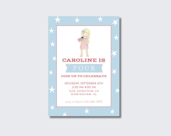All American Girl Invite | 4th of July, Labor day girl birthday | Red, white blue girl birthday | Summer, american, gingham, watercolor