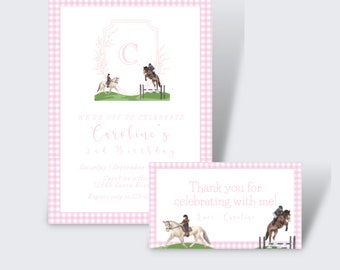 May include: Pink and white gingham patterned invitation with a pink border. The invitation says "We're off to celebrate Caroline's 2nd Birthday". The invitation also includes a picture of a horse jumping over a fence.