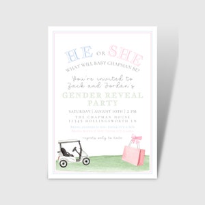 Golf and Shop Gender Reveal Invitation, Digital Download, Golfing and Shopping Theme Invites, He or She, Reveal Party, Partee, Editable