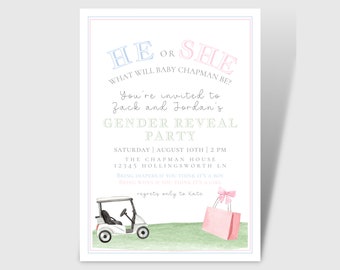 Golf and Shop Gender Reveal Invitation, Digital Download, Golfing and Shopping Theme Invites, He or She, Reveal Party, Partee, Editable