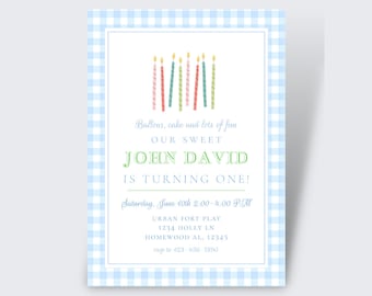 Blue Gingham First Birthday Invitation | Editable Template (Digital Download)
