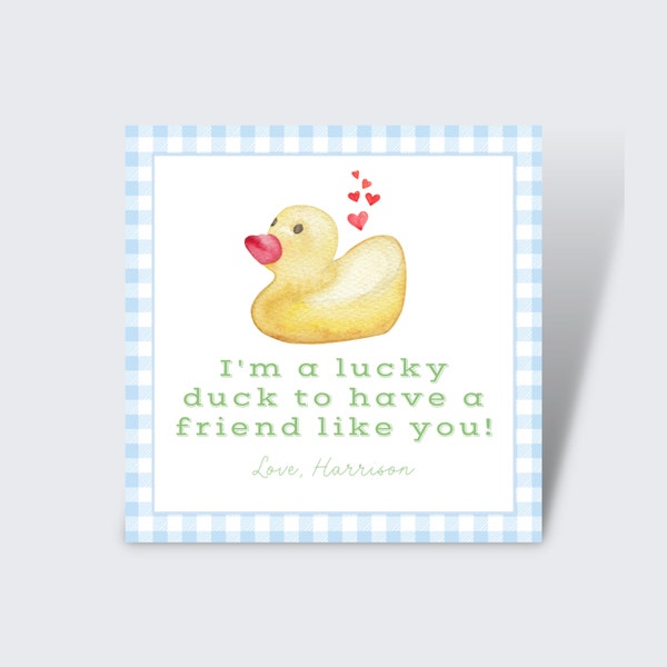 Lucky Duck Valentine Tag | Edit and Print Valentine Card | Gingham, Watercolor Valentine | Be My Valentine | School Valentine| Blue, Duck