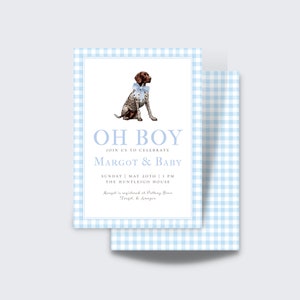 May include: A baby shower invitation with a blue and white gingham pattern. The invitation features a cartoon illustration of a brown and white dog wearing a blue bow tie. The text on the invitation reads "Oh Boy! Join us to celebrate Margot & Baby. Sunday, May 20th, 1 PM. The Huntleigh House. Margot is registered at Pottery Barn, Target, & Amazon."