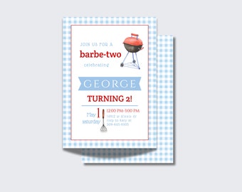 May include: A blue and white checkered invitation for a barbeque party celebrating George turning 2. The invitation features a red and black grill with a spatula and the text "JOIN US FOR A barbe-two celebrating GEORGE TURNING 2! May 1 saturday 12:00 PM-3:00 PM 14912 Alexis dr raup to kaly at 309-645-6935".
