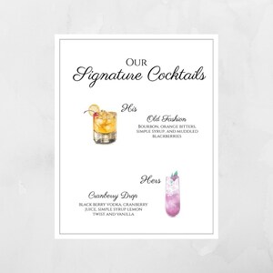 Modèle de cocktail signature | Modèle modifiable |  Téléchargement numérique | Imprimer, modifier, personnaliser | Modèle de mariage |  Cocktails à l’aquarelle