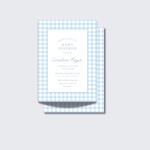 Blue Gingham Baby Shower Invitation, Editable Classic Gingham Boy Baby Shower Invite, Printable Invitation Template, Digital Invite, Blue