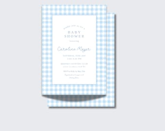 Blue Gingham Baby Shower Invitation, Editable Classic Gingham Boy Baby Shower Invite, Printable Invitation Template, Digital Invite, Blue