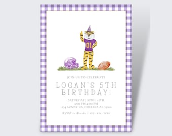Tiger Cheer Football Birthday Party Invite | Boy Birthday Invite | Football, Birthday Invite | Tiger Invite | Purple, Yellow, Tiger