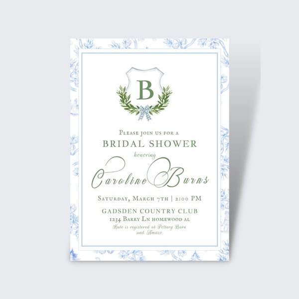 Watercolor Classic Crest Bridal Shower Invite |  Floral, Simple, Spring, Blue | Instant Download | Editable Template |  White, Blue