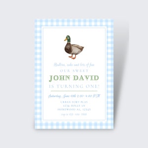 Classic Duck Boy Birthday Invitation | Digital Download | Editable Template | Gingham, Watercolor Classic Invite | First Birthday Invite