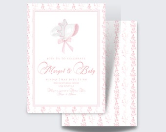 Classic Girl Baby Shower Invite | Light Pink Watercolor Shower Invite | Instant Download | Editable Template | Bonnet, pink, simple