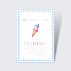 Red White and TWO Birthday Invite | Water, Gingham | 4th of July Birthday | Light Blue