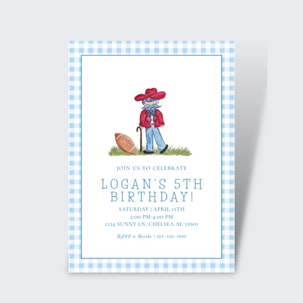 Blue, Red Themed Birthday Invite | Ole Miss Reb | Colonal Reb | Football, SEC, Red and Light Blue | Football Birthday Invite | Gingham
