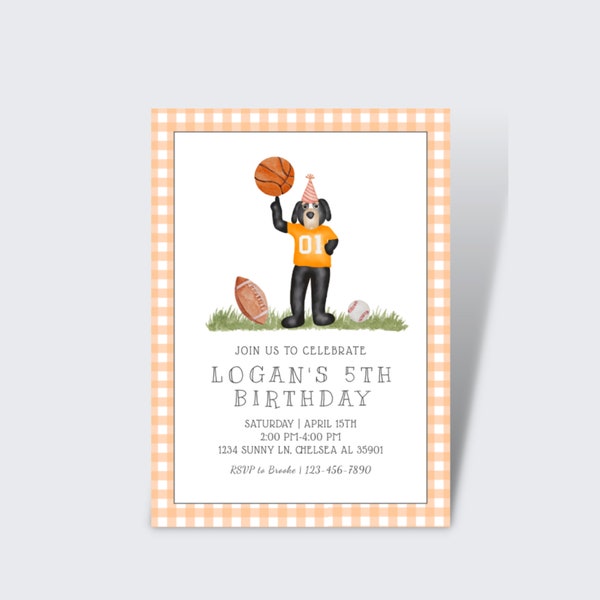 Sports Birthday Party Invite | Boy Birthday Invite | Sports Birthday Invite | Smokey Invite | Summer, Orange, Tennessee Vols, Gingham Invite