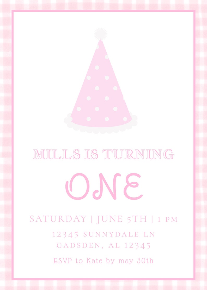 Classic PINK Gingham Girl Birthday Invitation | Pink and White Party ...
