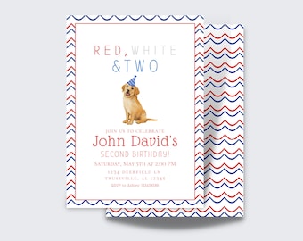 Rood wit en twee verjaardag uitnodigen jongen | Aquarel 4 juli verjaardagsuitnodiging | Digitaal downloaden | Afdrukbare sjabloon | Bewerken en afdrukken