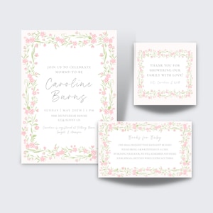 Printable Baby Girl Shower Invitation, Digital Baby Shower Invite, Watercolor Pink Bow and Floral Vines, Grandmillennial Invitation Template