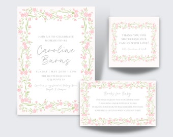 Invito stampabile per baby shower per bambine, invito digitale per baby shower, fiocco rosa acquerello e tralci floreali, modello di invito Grandmillennial