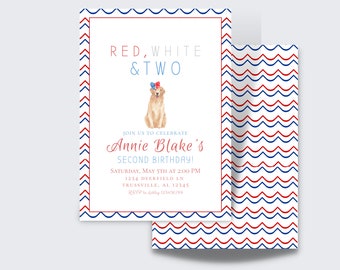 Rood wit en twee verjaardag uitnodigen meisje | Aquarel 4 juli verjaardagsuitnodiging | Digitaal downloaden | Afdrukbare sjabloon | Bewerken en afdrukken