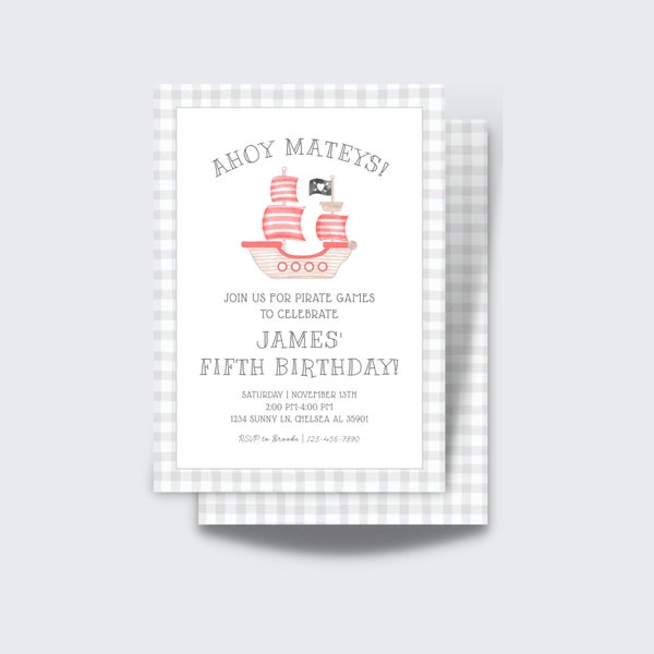 Watercolor Pirate Party Invitation | Boy Pirate Birthday | Gingham, Red, Pirate Birthday | Ahoy Matey | Summer Birthday | Pirate Ship