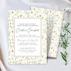 May include: Bridal shower invitation with a floral pattern in green and yellow on a white backdrop. The invitation includes the text "Please join us for a bridal shower celebrating Caroline Crawford" and event details.