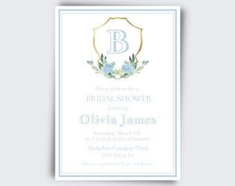 Watercolor Crest Bridal Shower Invite |  Floral, Simple, Spring, Blue | Instant Download | Editable Template |  Templett |  White, Blue