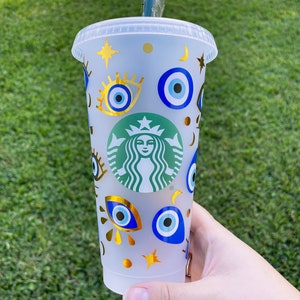 Evil Eye inspired customized Starbuck Cold Cup // Protect your energy // Gold and Blue // Gift Idea
