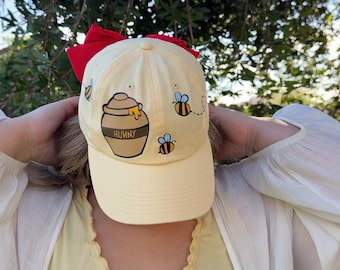 PRE ORDER! Processing time 2-3 weeks! Winnie Pooh inspired hat with removable/interchangable bow // Pooh Bear // Baseball hat