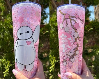 Pink Baymax inspired snowglobe tumbler // Cherry Blossom // Big Hero 6 // SanFransokyo
